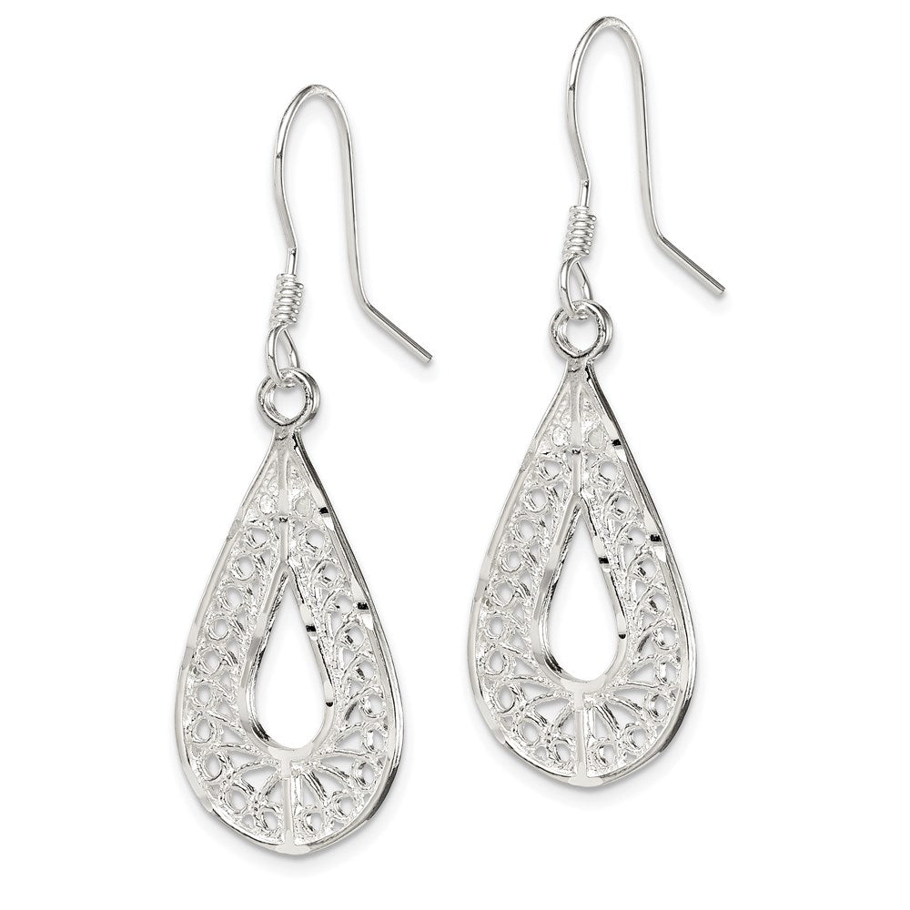 QE19 Sterling Silver Polished Textured D/C Filigree Teardrop Dangle Earrings