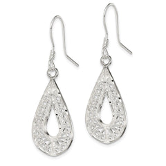 QE19 Sterling Silver Polished Textured D/C Filigree Teardrop Dangle Earrings