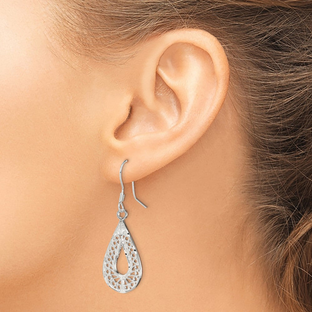 QE19 Sterling Silver Polished Textured D/C Filigree Teardrop Dangle Earrings
