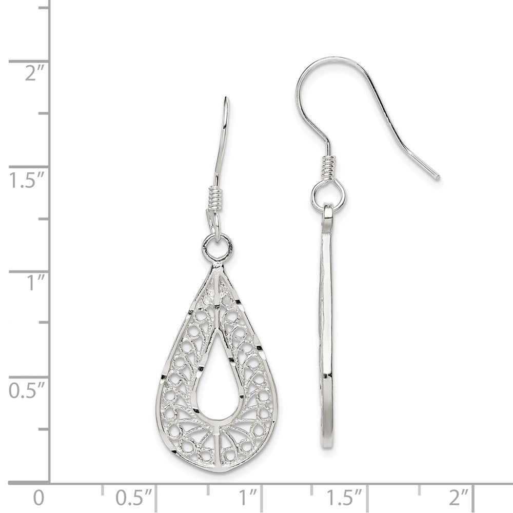 QE19 Sterling Silver Polished Textured D/C Filigree Teardrop Dangle Earrings