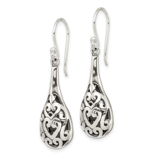 QE1931 Sterling Silver Polished & Antiqued Filigree Heart Teardrop Dangle Earrings