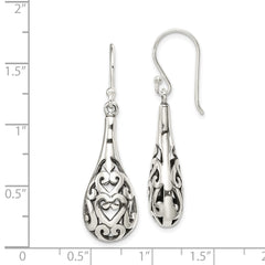 QE1931 Sterling Silver Polished & Antiqued Filigree Heart Teardrop Dangle Earrings