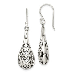 QE1931 Sterling Silver Polished & Antiqued Filigree Heart Teardrop Dangle Earrings