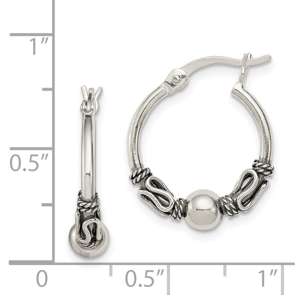 QE1946 Sterling Silver Antiqued Fancy Beaded Hoop Earrings