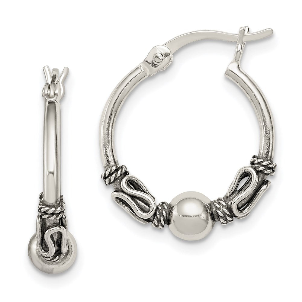 QE1946 Sterling Silver Antiqued Fancy Beaded Hoop Earrings