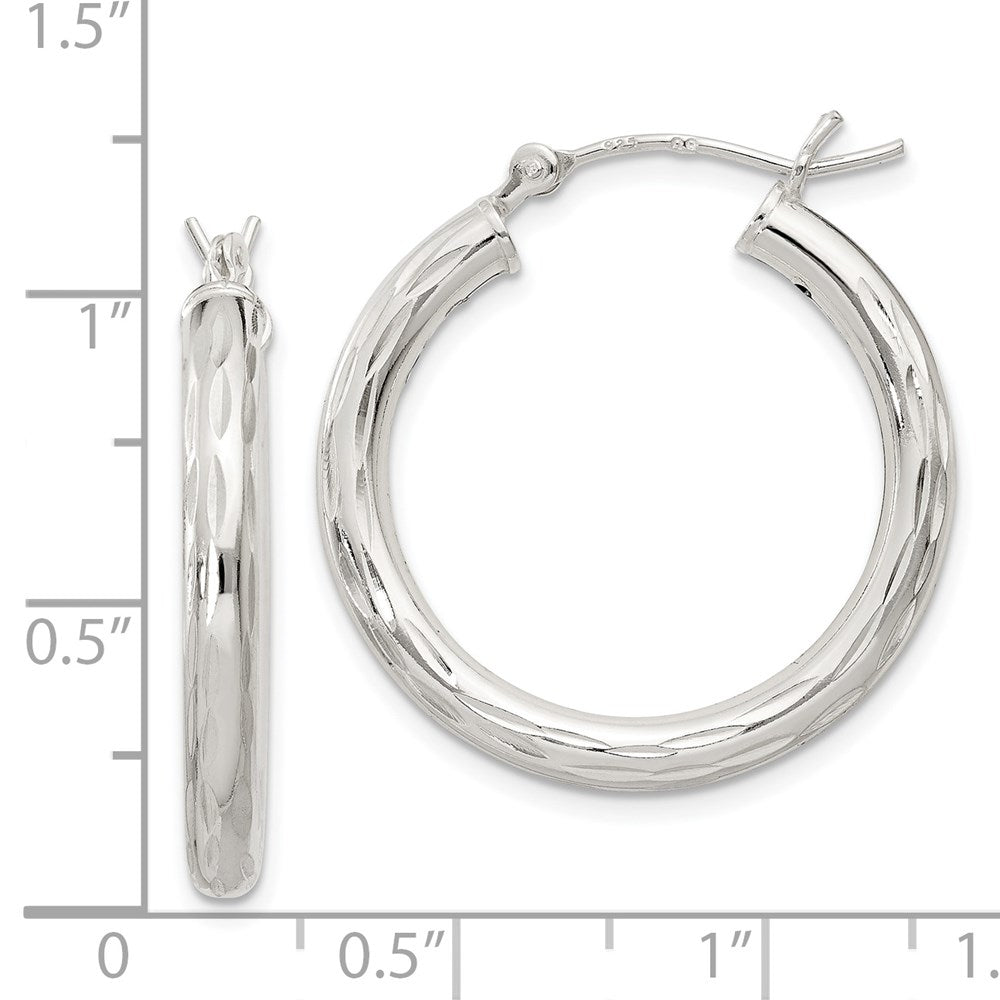 QE1965 Sterling Silver Diamond-cut Satin 3x25mm Hoop Earrings