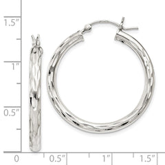 QE1966 Sterling Silver Diamond-cut Satin 3x30mm Hoop Earrings