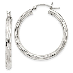 QE1966 Sterling Silver Diamond-cut Satin 3x30mm Hoop Earrings