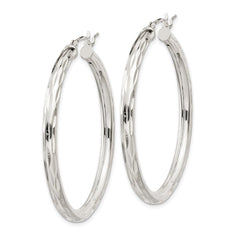 QE1968 Sterling Silver Diamond-cut Satin 3x40mm Hoop Earrings