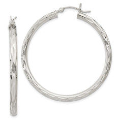 QE1968 Sterling Silver Diamond-cut Satin 3x40mm Hoop Earrings