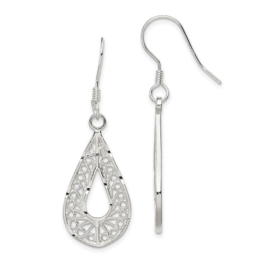 QE19 Sterling Silver Polished Textured D/C Filigree Teardrop Dangle Earrings