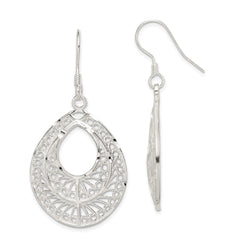 QE1 Sterling Silver Polished Textured D/C Filigree Teardrop Dangle Earrings