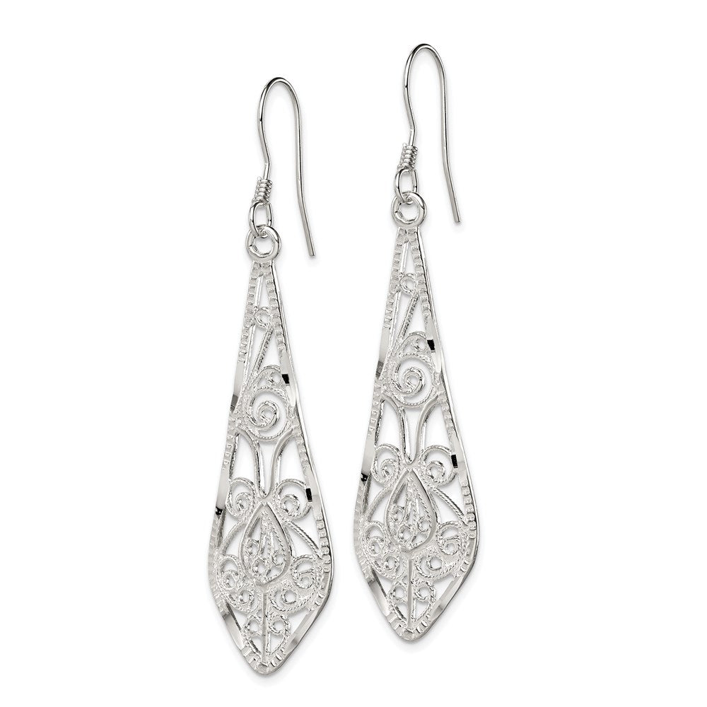 QE2 Sterling Silver Polished D/C Filigree Elongated Teardrop Dangle Earrings