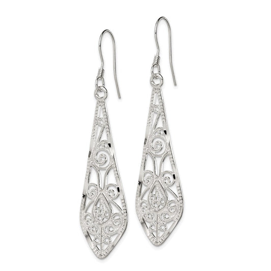 QE2 Sterling Silver Polished D/C Filigree Elongated Teardrop Dangle Earrings