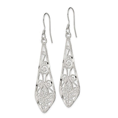 QE2 Sterling Silver Polished D/C Filigree Elongated Teardrop Dangle Earrings