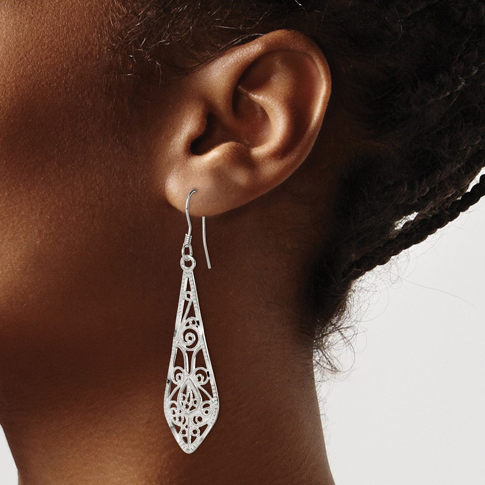 QE2 Sterling Silver Polished D/C Filigree Elongated Teardrop Dangle Earrings