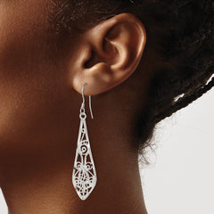 QE2 Sterling Silver Polished D/C Filigree Elongated Teardrop Dangle Earrings