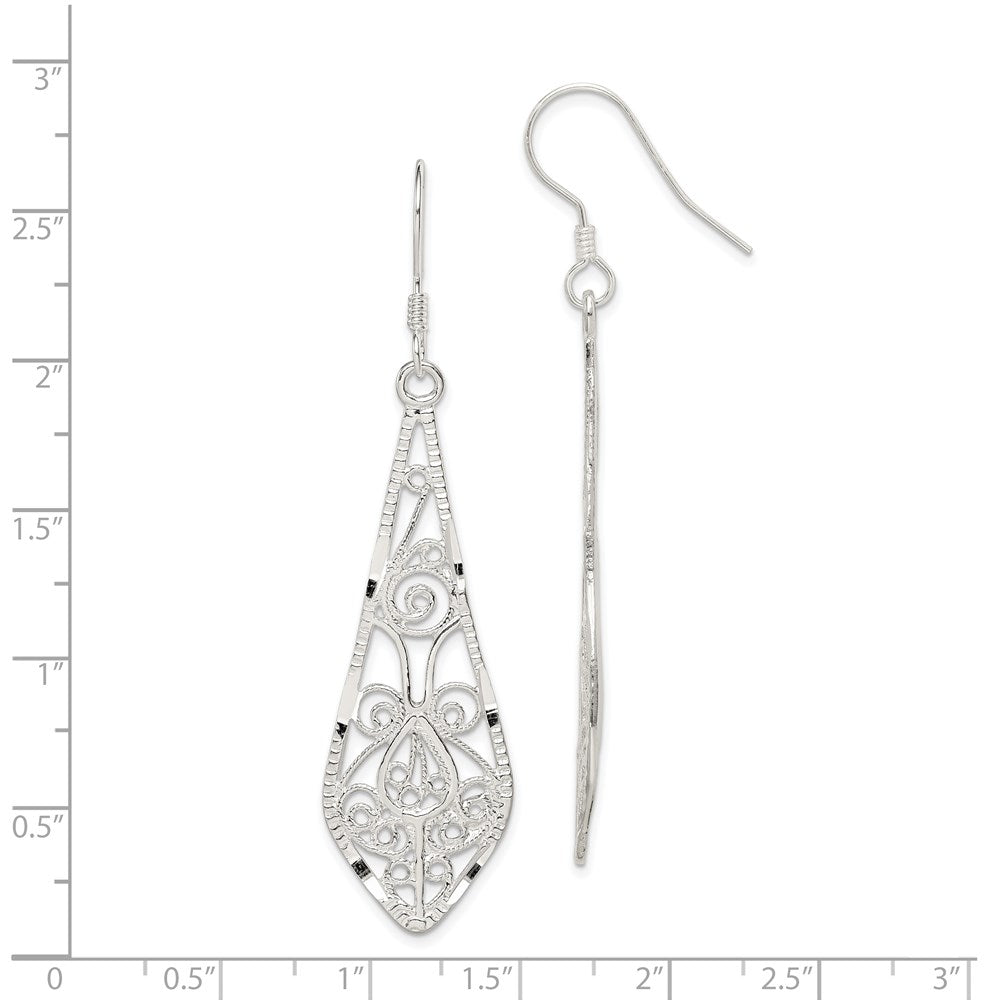 QE2 Sterling Silver Polished D/C Filigree Elongated Teardrop Dangle Earrings