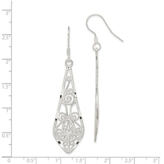 QE2 Sterling Silver Polished D/C Filigree Elongated Teardrop Dangle Earrings