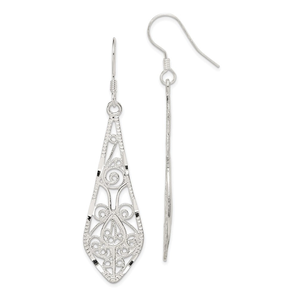 QE2 Sterling Silver Polished D/C Filigree Elongated Teardrop Dangle Earrings