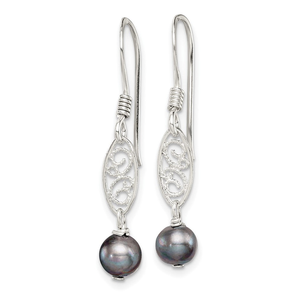 QE2006 Sterling Silver Polished Filigree 5-6mm Grey Freshwater Cultured Pearl Dangle Earrings