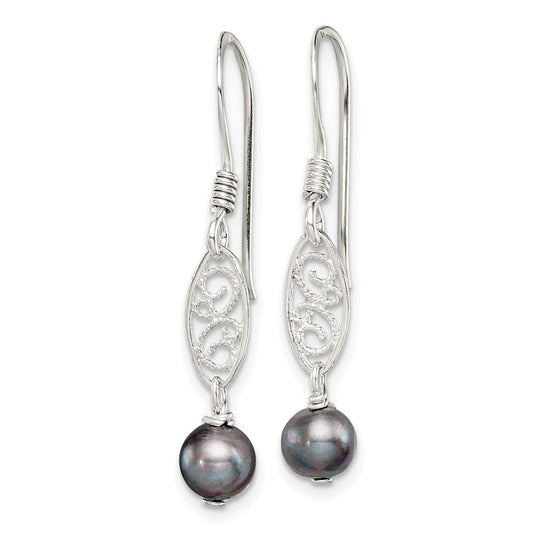 QE2006 Sterling Silver Polished Filigree 5-6mm Grey Freshwater Cultured Pearl Dangle Earrings