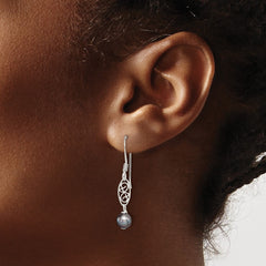 QE2006 Sterling Silver Polished Filigree 5-6mm Grey Freshwater Cultured Pearl Dangle Earrings