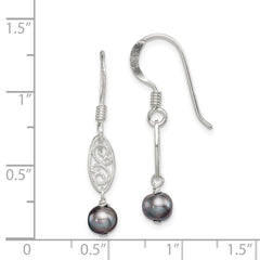QE2006 Sterling Silver Polished Filigree 5-6mm Grey Freshwater Cultured Pearl Dangle Earrings