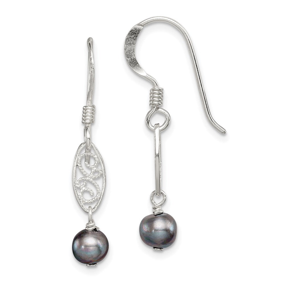 QE2006 Sterling Silver Polished Filigree 5-6mm Grey Freshwater Cultured Pearl Dangle Earrings