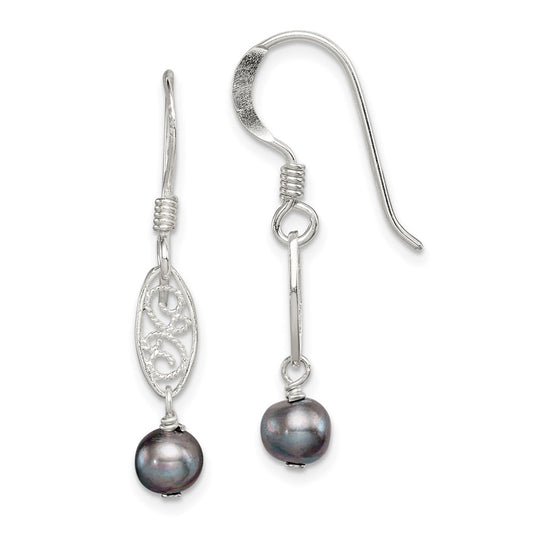QE2006 Sterling Silver Polished Filigree 5-6mm Grey Freshwater Cultured Pearl Dangle Earrings