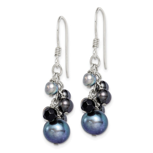 QE2013 Sterling Silver Polished Black & Grey Freshwater Cultured Pearls and Onyx Dangle Earrings