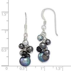 QE2013 Sterling Silver Polished Black & Grey Freshwater Cultured Pearls and Onyx Dangle Earrings