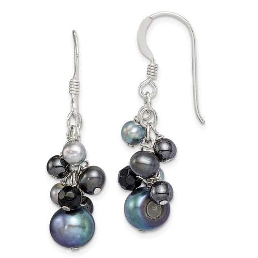 QE2013 Sterling Silver Polished Black & Grey Freshwater Cultured Pearls and Onyx Dangle Earrings