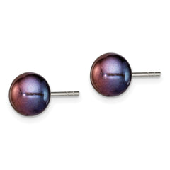 QE2031 Sterling Silver Polished 7-8mm Black Freshwater Cultured Pearl Button Post Earrings