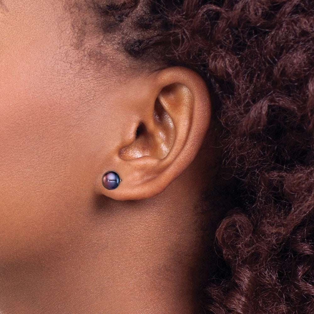 QE2031 Sterling Silver Polished 7-8mm Black Freshwater Cultured Pearl Button Post Earrings