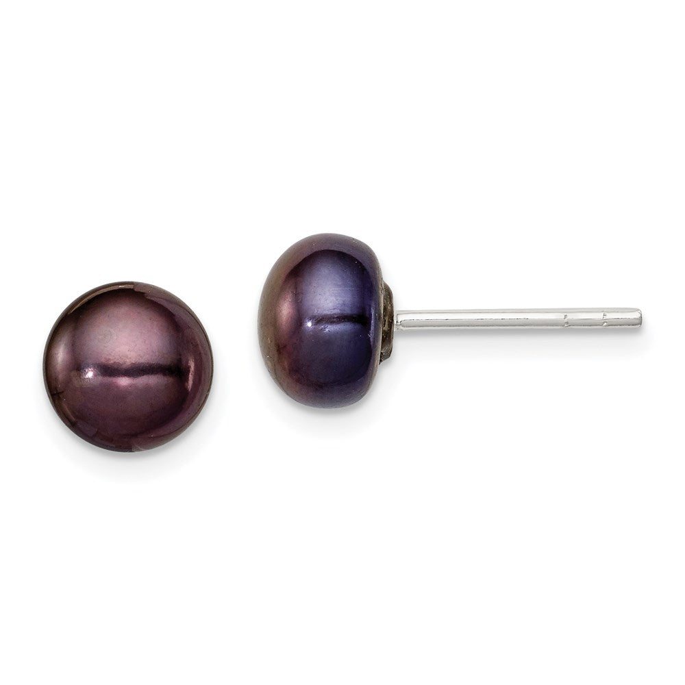 QE2032 Sterling Silver Polished 5-6mm Black Freshwater Cultured Pearl Button Post Earrings