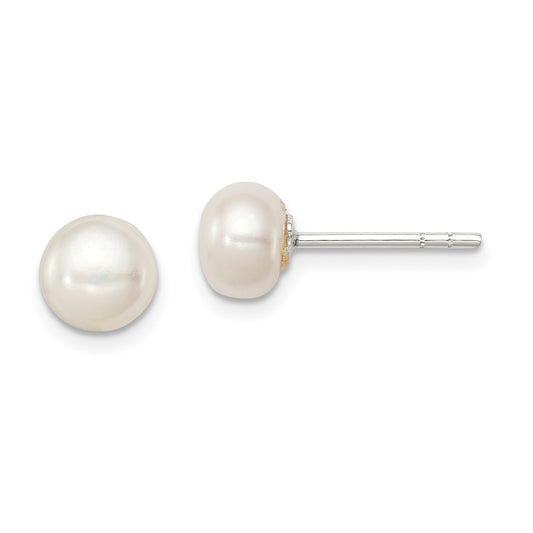 QE2035 Sterling Silver White FW Cultured Pearl 6-7mm Button Earrings