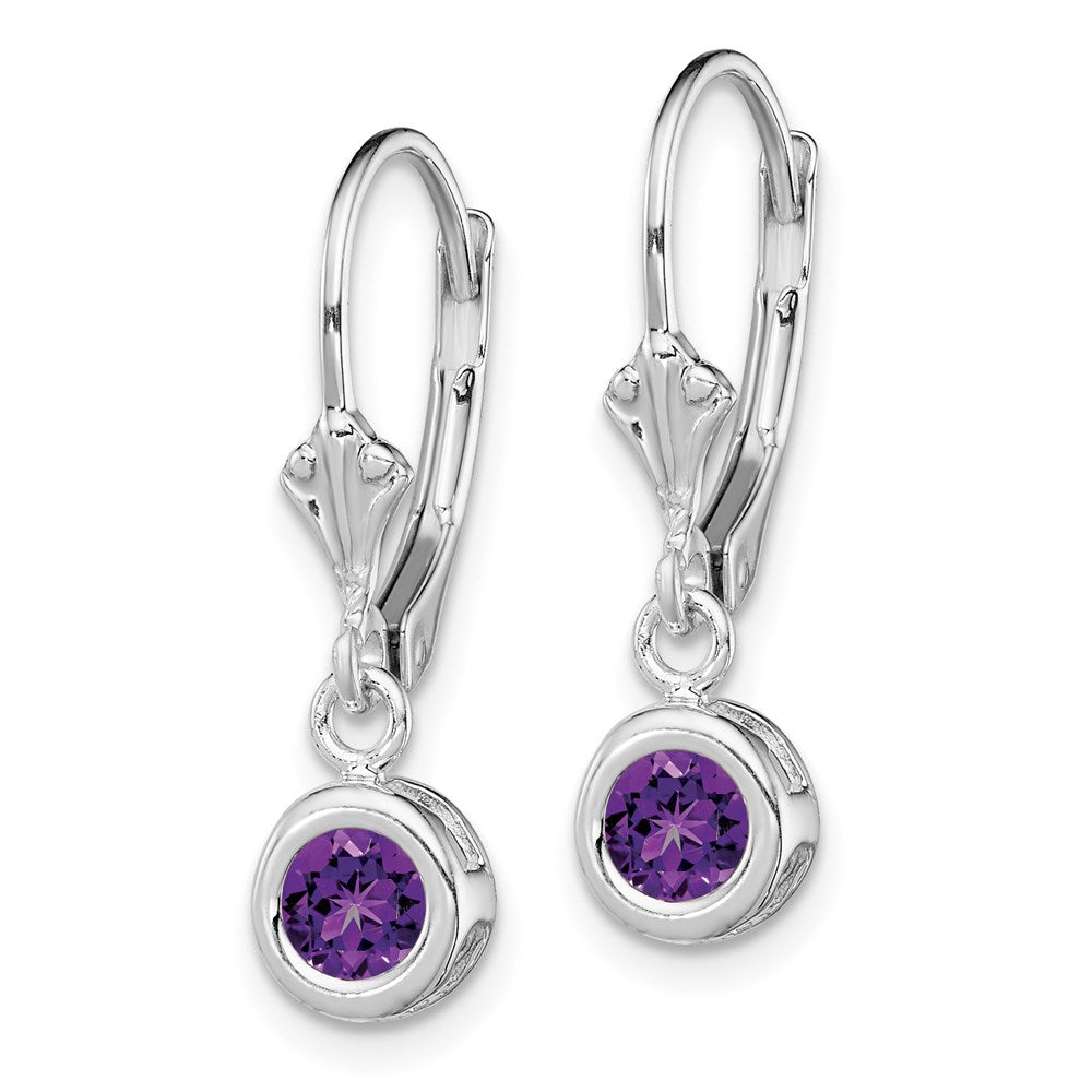 QE2040AM Sterling Silver Rhodium Plated 5mm Round Amethyst Leverback Earrings