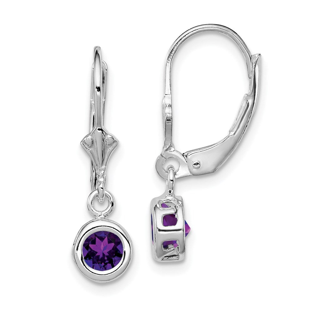 QE2040AM Sterling Silver Rhodium Plated 5mm Round Amethyst Leverback Earrings