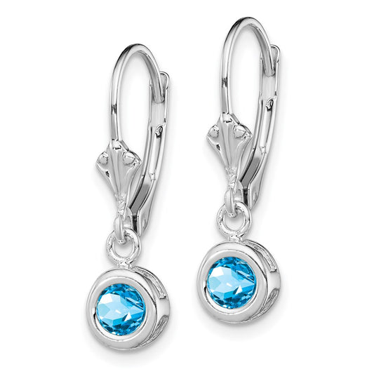 QE2040BT Sterling Silver Rhodium Plated 5mm Round Blue Topaz Leverback Earrings