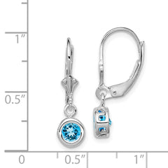 QE2040BT Sterling Silver Rhodium Plated 5mm Round Blue Topaz Leverback Earrings