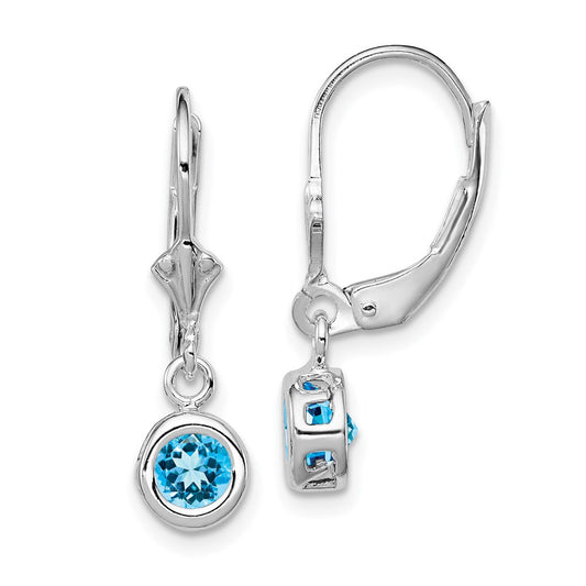 QE2040BT Sterling Silver Rhodium Plated 5mm Round Blue Topaz Leverback Earrings