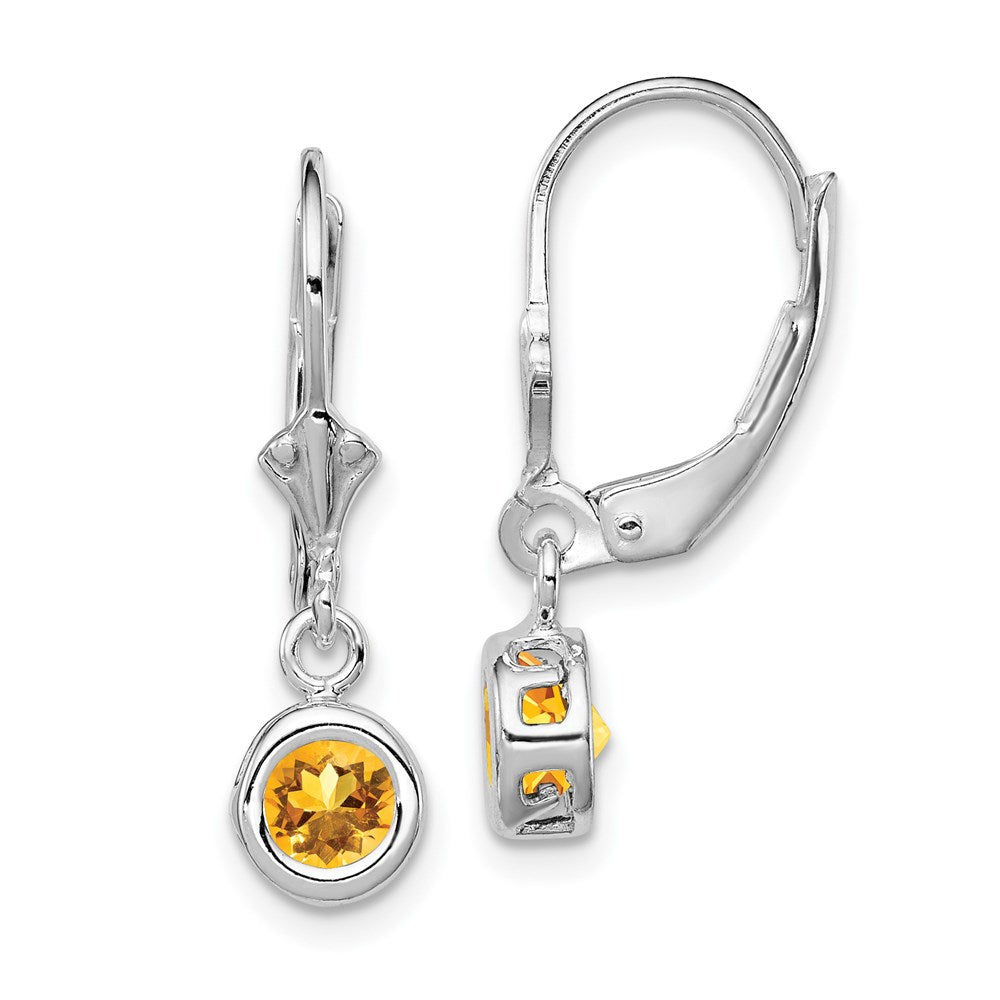 QE2040CI Sterling Silver Rhodium Plated 5mm Round Citrine Leverback Earrings