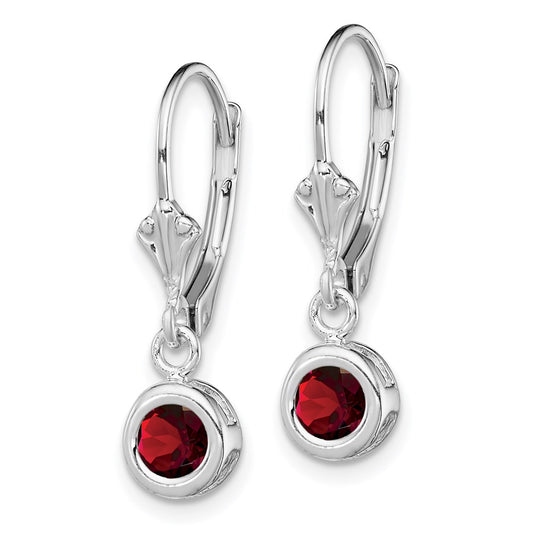 QE2040GA Sterling Silver Rhodium Plated 5mm Round Garnet Leverback Earrings