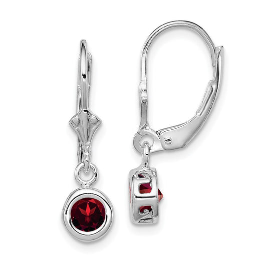 QE2040GA Sterling Silver Rhodium Plated 5mm Round Garnet Leverback Earrings