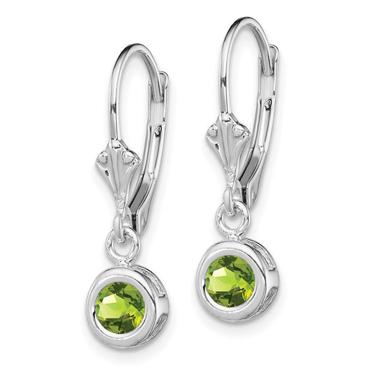 QE2040PE Sterling Silver Rhodium Plated 5mm Round Peridot Leverback Earrings