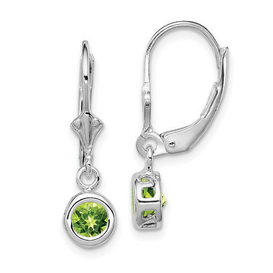 QE2040PE Sterling Silver Rhodium Plated 5mm Round Peridot Leverback Earrings