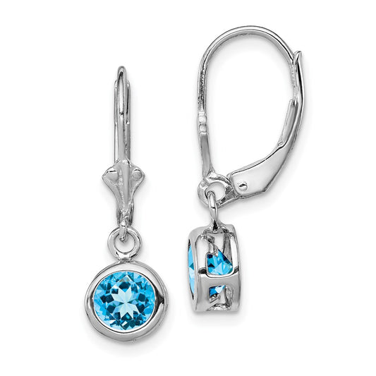 QE2041BT Sterling Silver Rhodium Plated 6mm Round Blue Topaz Leverback Earrings