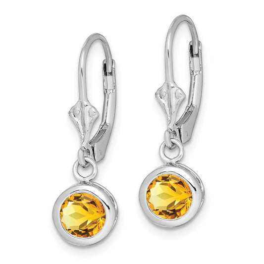 QE2041CI Sterling Silver Rhodium Plated 6mm Round Citrine Leverback Earrings