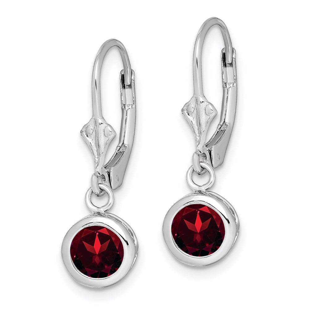 QE2041GA Sterling Silver Rhodium Plated 6mm Round Garnet Leverback Earrings